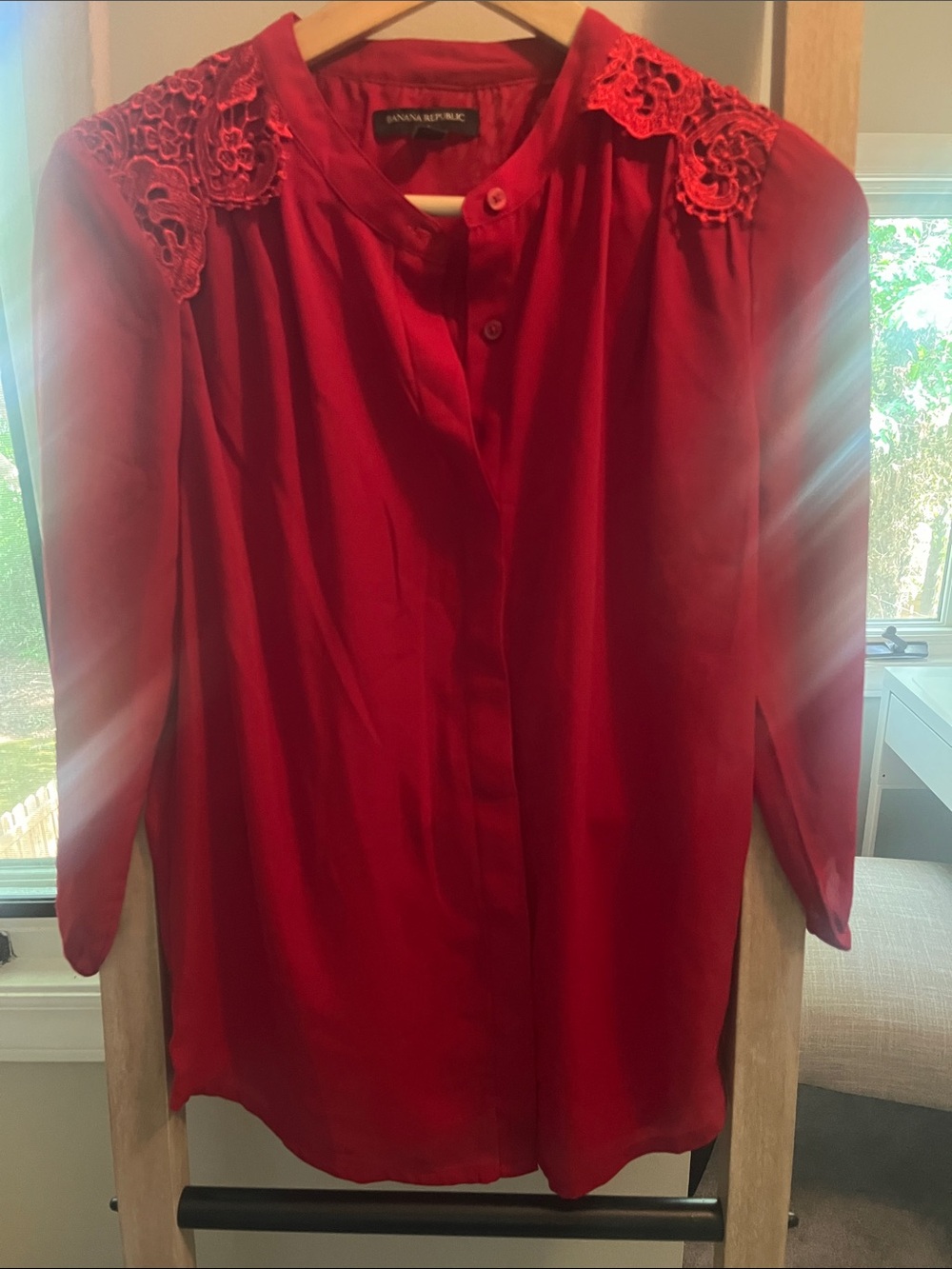 Banana Republic Red Lace Shoulder Button-Front Blouse